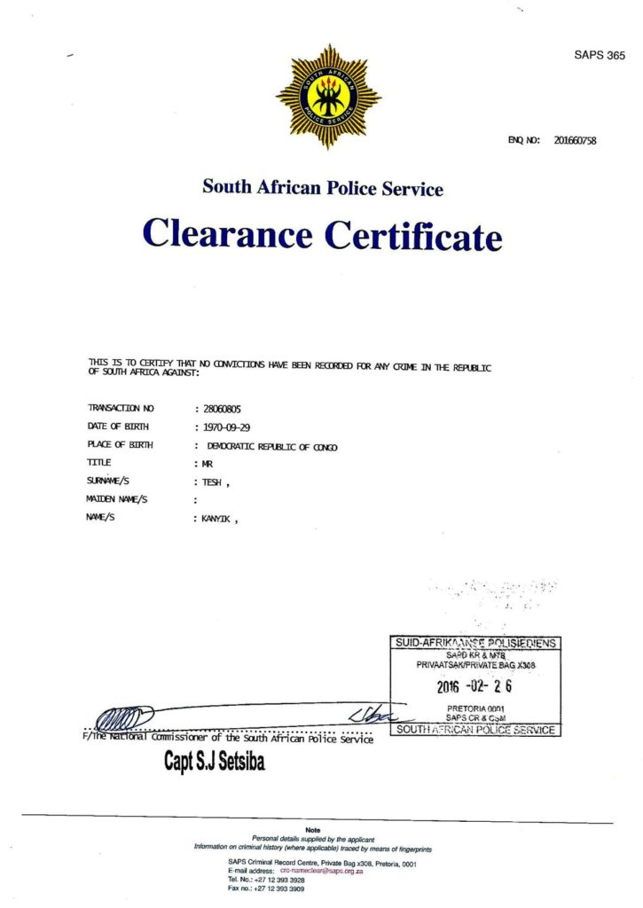 Example of a South African Police Clearance Certificate